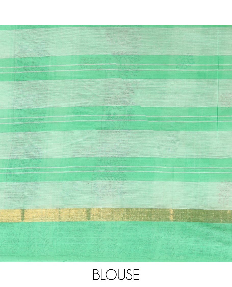 Multi-color checked and buttas block printed Chirala cotton saree, floral and fauna printed border, and pallu