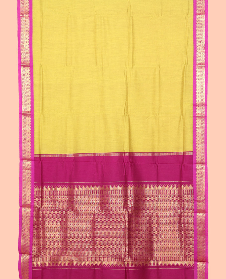 Yellow Plain Nine Yard Cotton Saree, Complemented by Contrast Traditional Zari Design Border, Pallu of Diamond Enclosed Checks, and Comes Without a Blouse