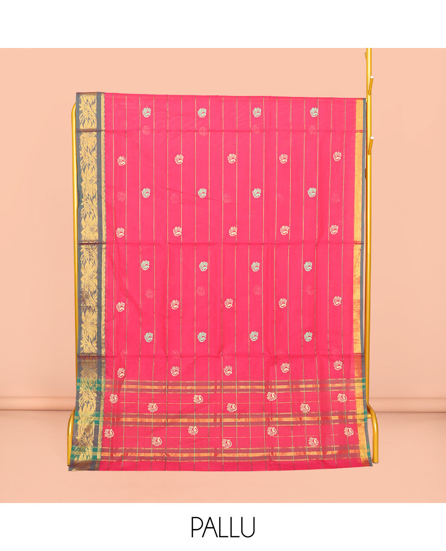 Pink Venkatagiri Cotton Saree Features Buttas and Stripes, a Contrast Floral Creeper Zari Border, Pallu of Buttas and Stripes, and No Blouse