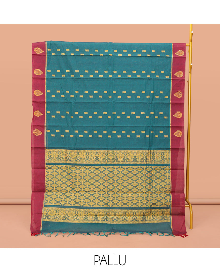 Blue Kanchi Cotton Saree, Adorned with a Geometric Design on Its Body, Complemented by a Contrast Unique Design Border, Intricate Pallu, and a Matching Blouse