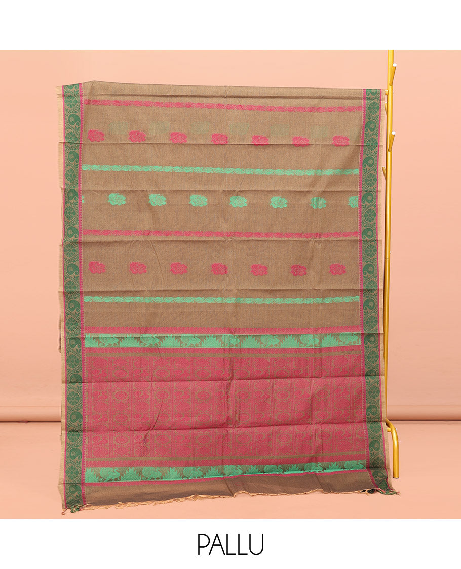 Brown Kanchi Cotton Saree, Adorned with Thread Buttas All Over Its Body, a Self-Border of Floral and Paisley Designs, Pallu of Intricate Designs, and Paired with a Matching Blouse