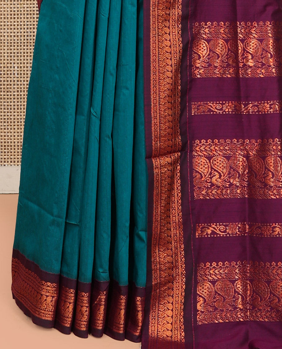 Blue Kalyani Cotton Saree, Woven with Zari Buttas, Complemented by a Contrast Traditional Border, Traditional Pallu, and a Contrast Blouse