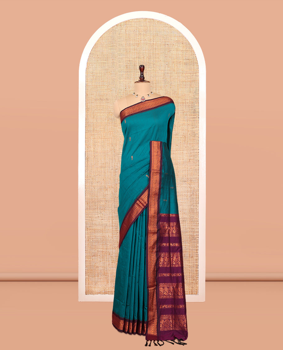 Blue Kalyani Cotton Saree, Woven with Zari Buttas, Complemented by a Contrast Traditional Border, Traditional Pallu, and a Contrast Blouse