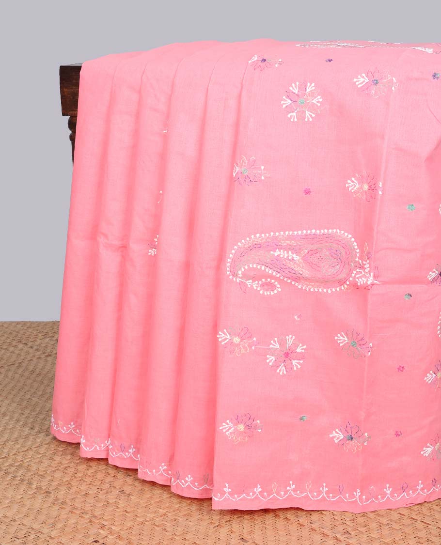 Pink floral embroidery lucknowi chikankari cotton saree,self scallop design border & pallu of floral embroidery