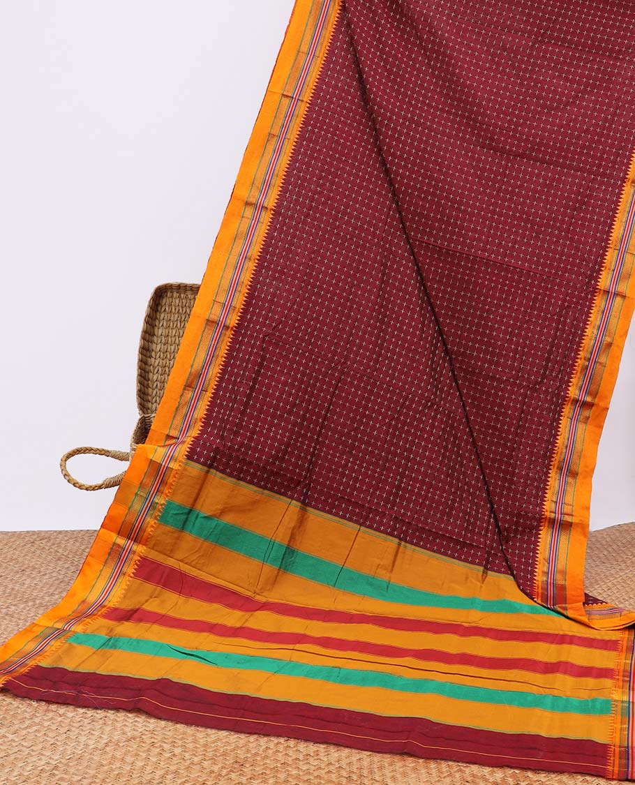 Red checked narayanapet cotton saree, contrast striped border & pallu of stripes
