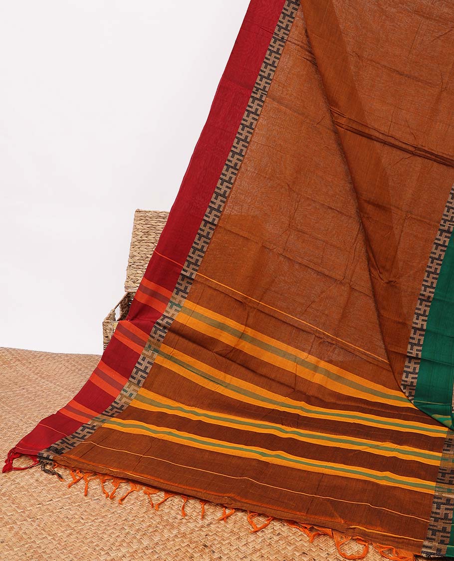 Brown narayanapet cotton saree with contrast border & striped pallu