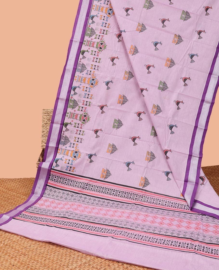 Lavender ancient village design ancient with self striped border & geometric design pallu