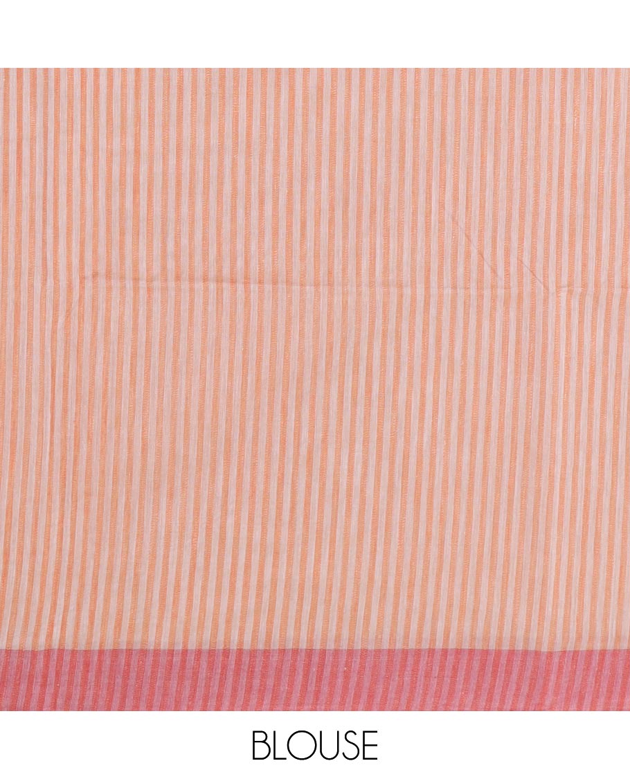 Sandal vertical striped jute cotton saree, contrast plain border and striped pallu