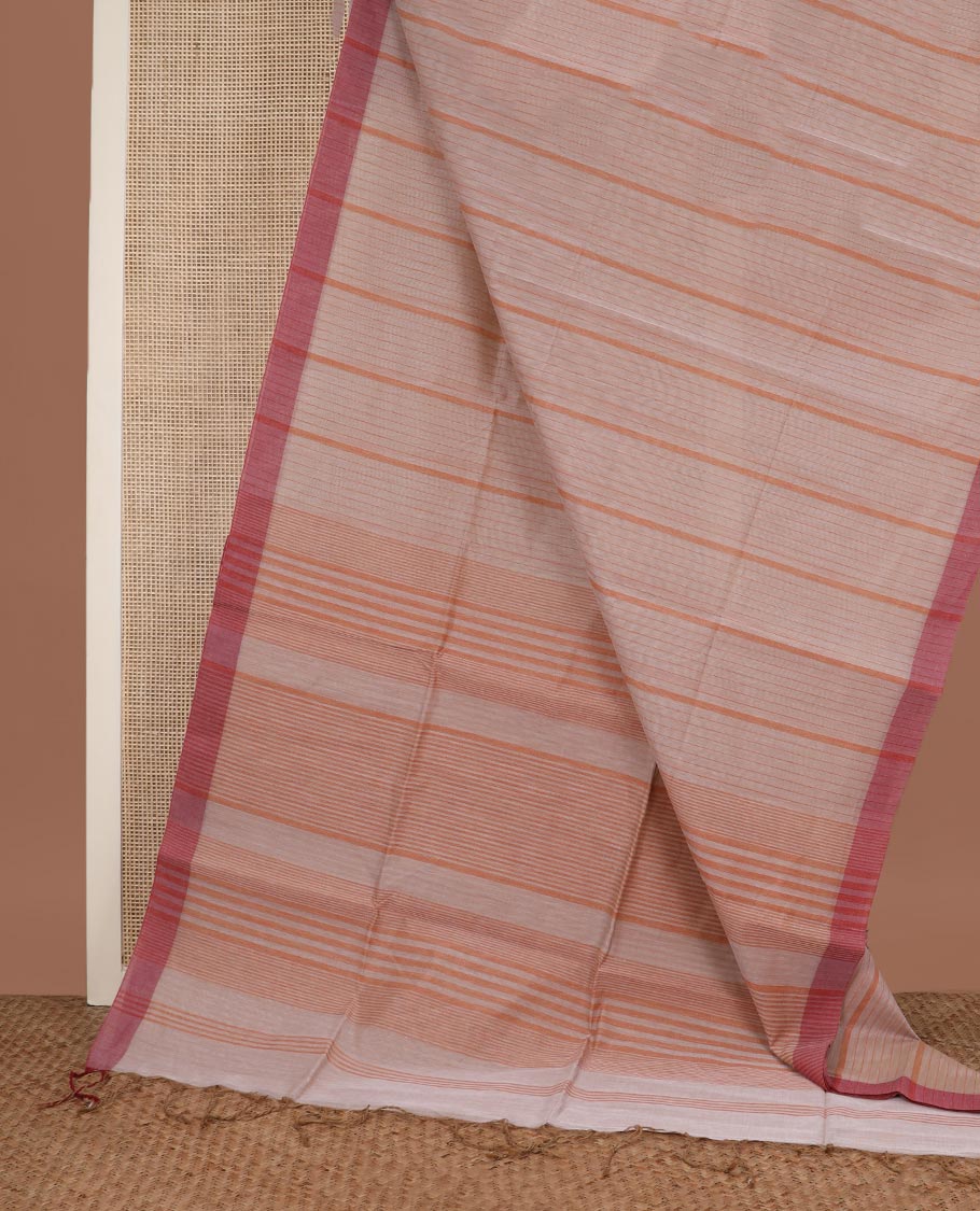 Sandal vertical striped jute cotton saree, contrast plain border and striped pallu