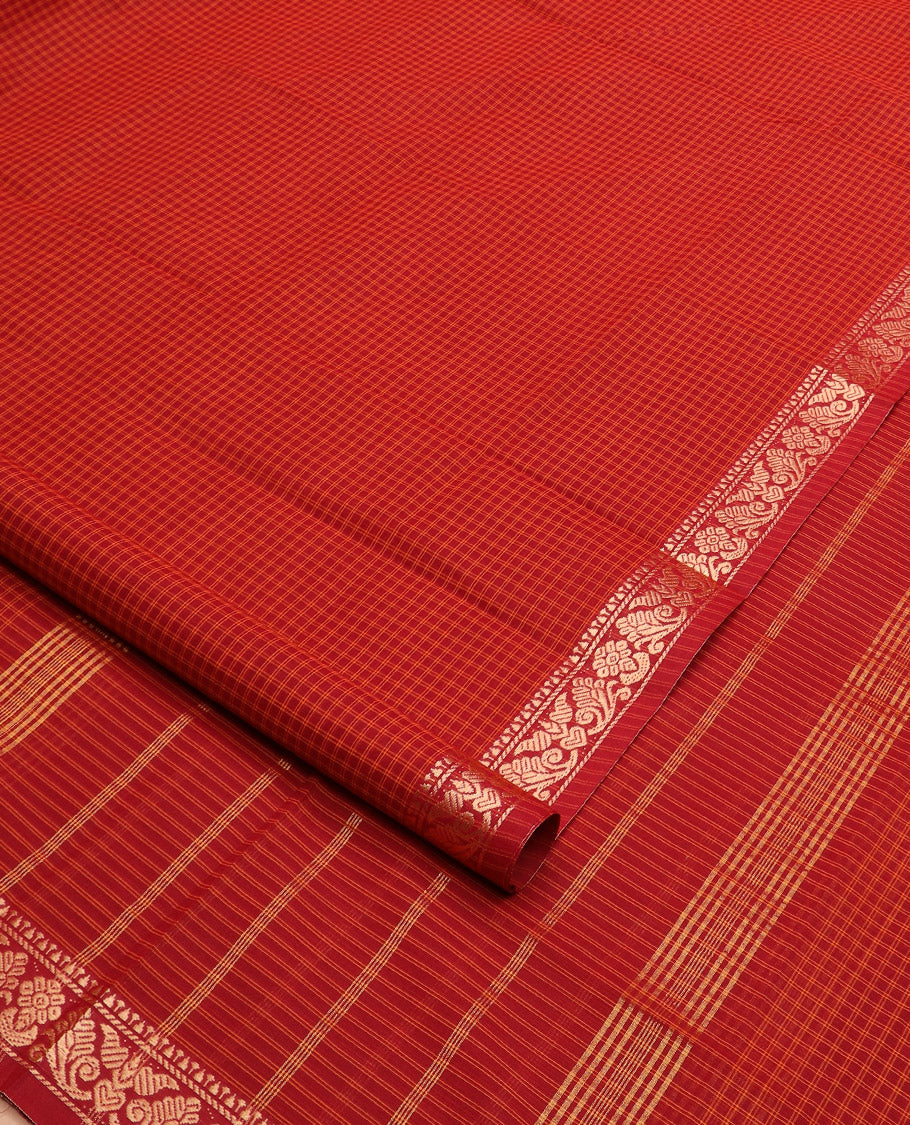Red checked nine-yard cotton saree,  traditional motifs woven border, and striped pallu