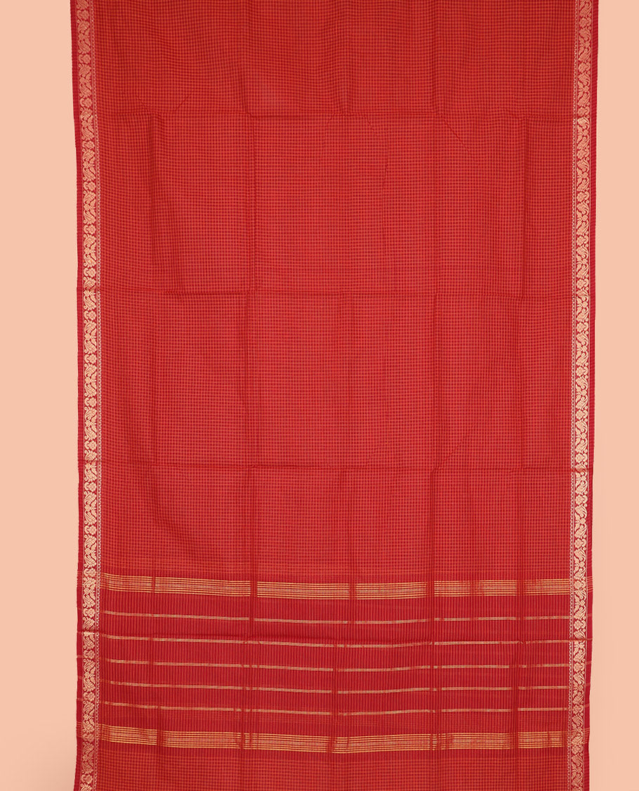 Red checked nine-yard cotton saree,  traditional motifs woven border, and striped pallu