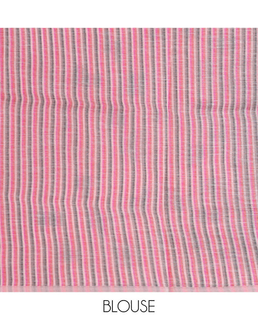 Pink striped and geometric buttas printed cotton saree, zari border and geometric printed pallu