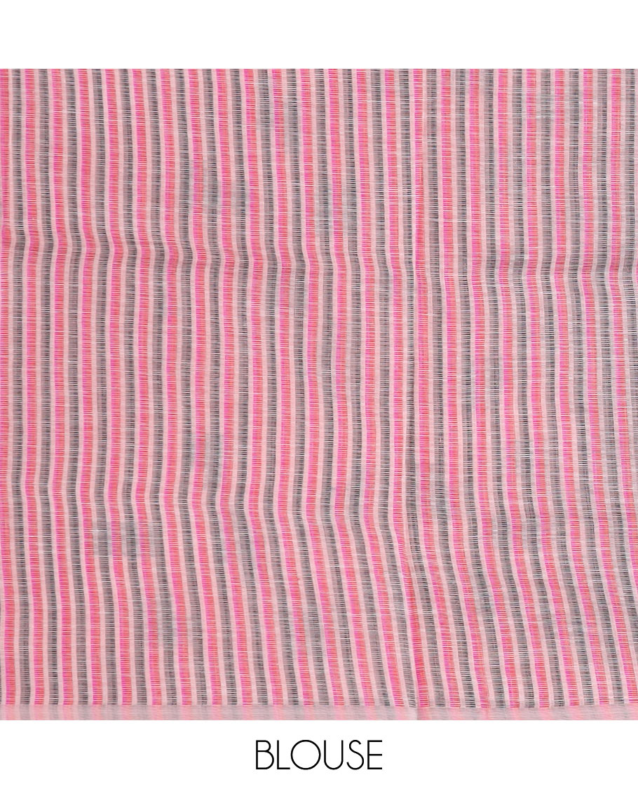 Pink striped and geometric buttas printed cotton saree, zari border and geometric printed pallu