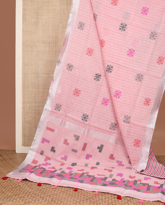 Pink striped and geometric buttas printed cotton saree, zari border and geometric printed pallu