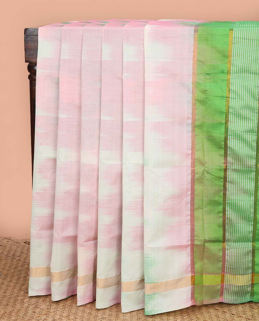 Multi-color ikkat design poly cotton saree, plain border, and contrast striped pallu
