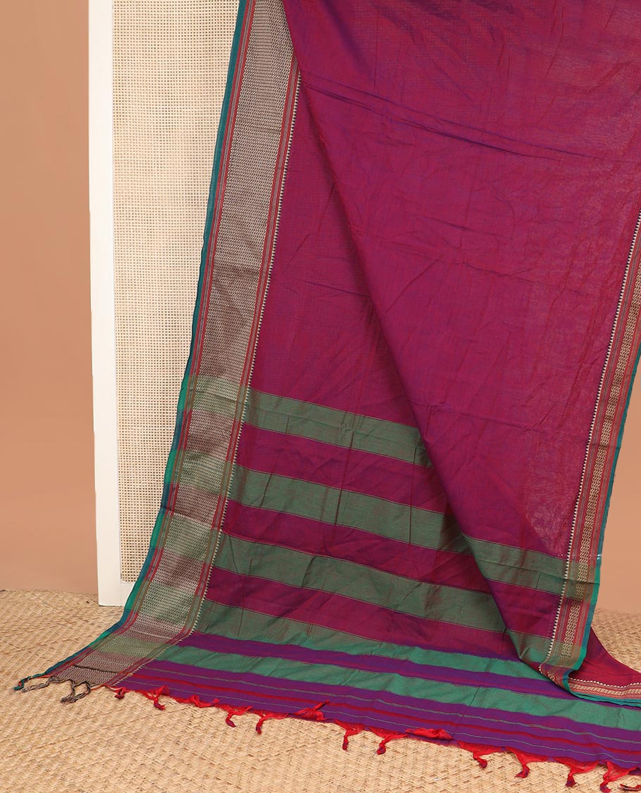 Maroon plain Narayanapet cotton saree, contrast geometric border, and striped pallu