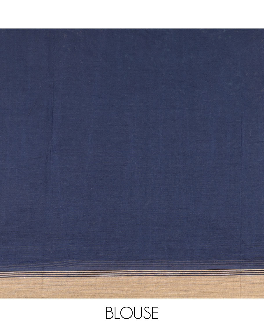 Navy blue peacock buttas kanchi cotton saree, contrast plain border, and floral potted pallu