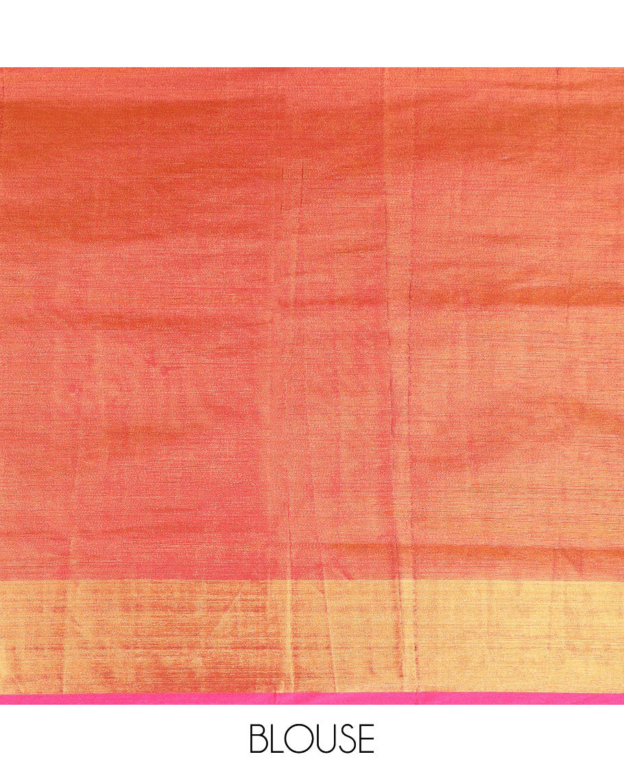 Sandal elephant printed Andhra cotton saree, contrast bavanji border, and pallu of floral designs