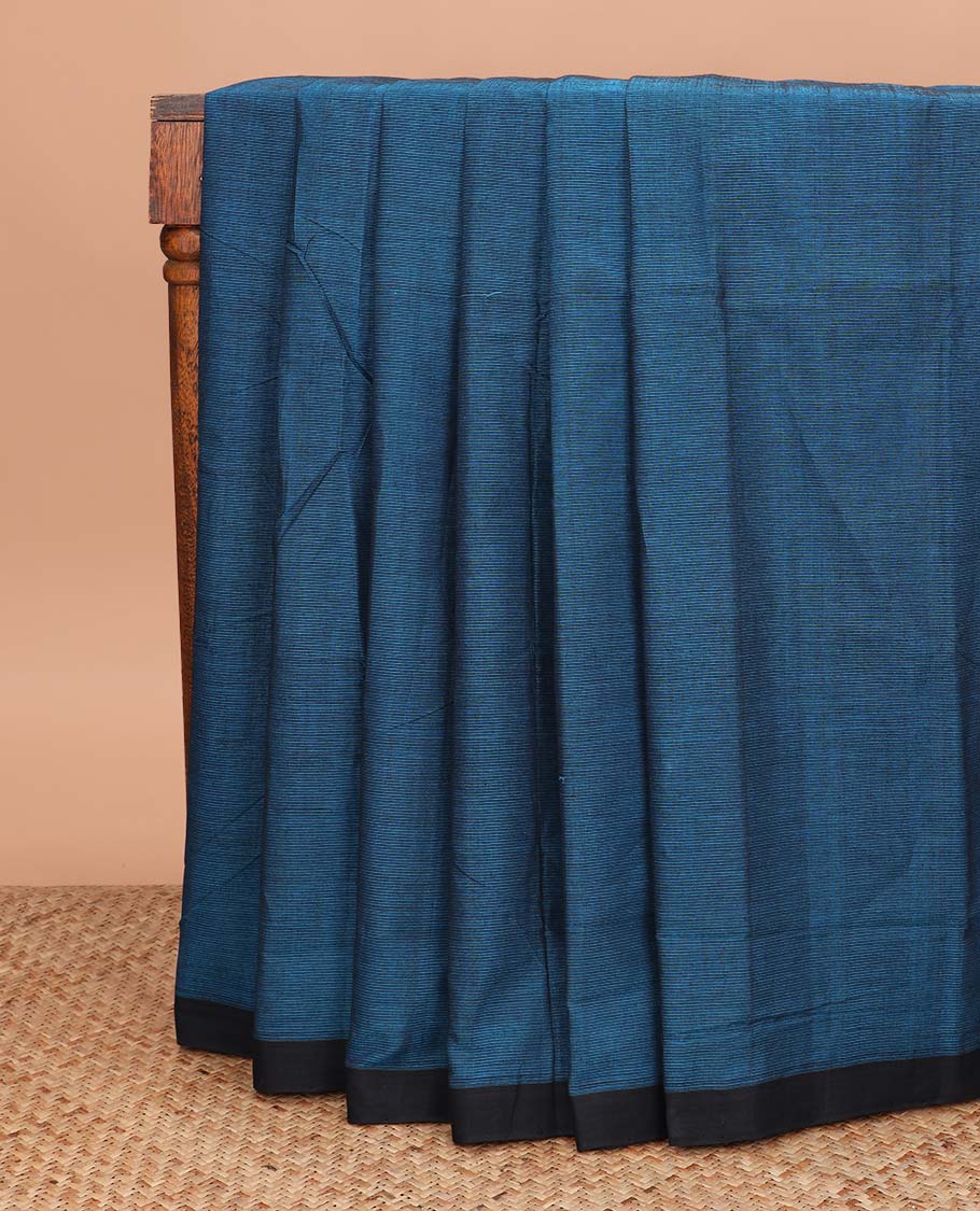 Blue plain Mangalagiri cotton saree with contrast plain border, and striped pallu