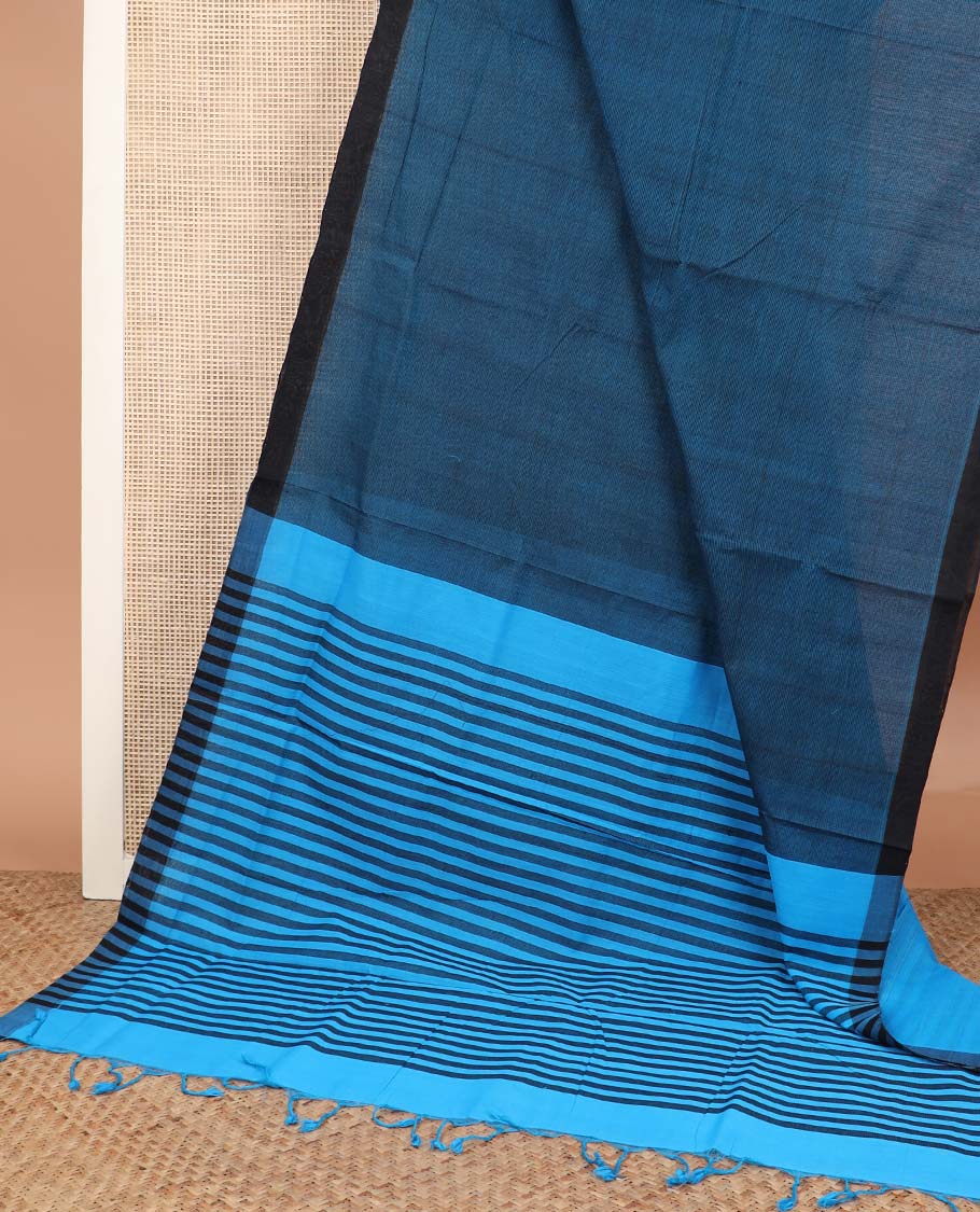 Blue plain Mangalagiri cotton saree with contrast plain border, and striped pallu