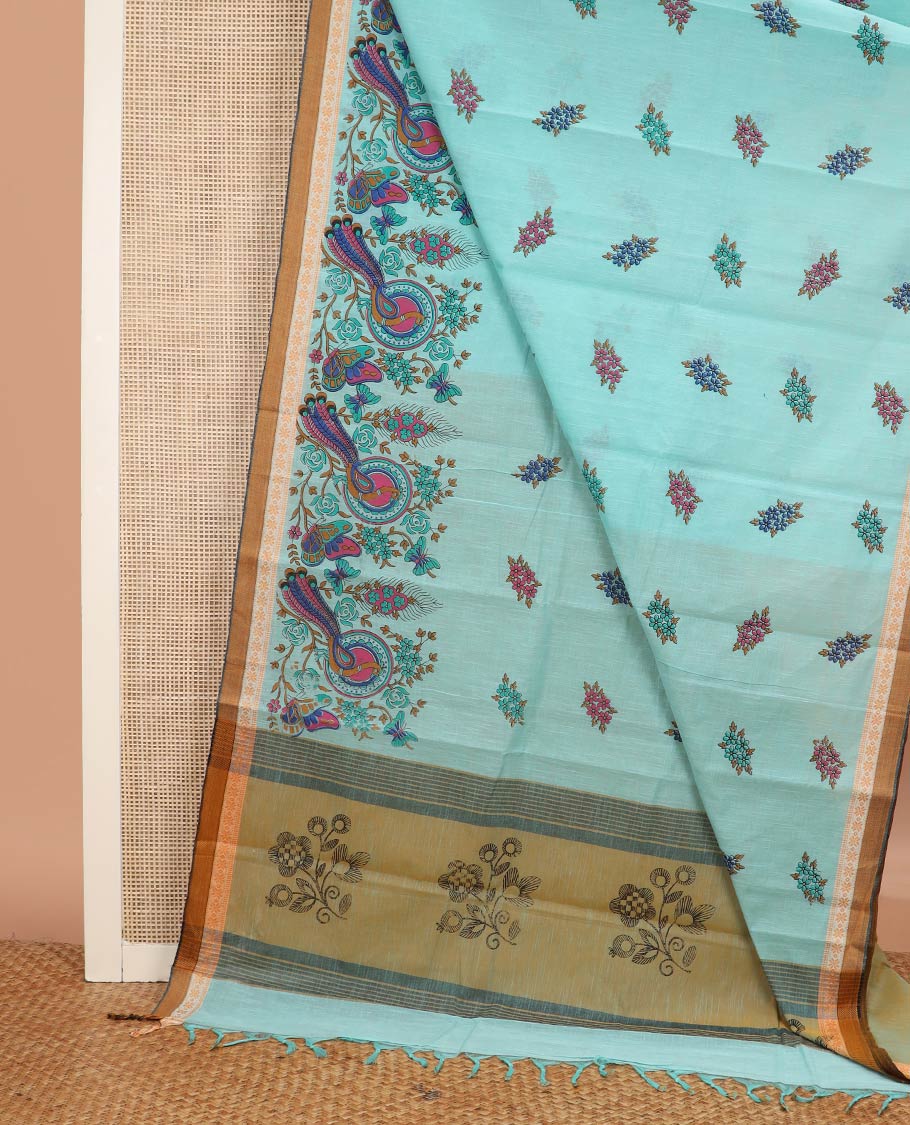 Blue colorful floral and peacock printed chirala cotton saree, contrast border, and pallu of floral print