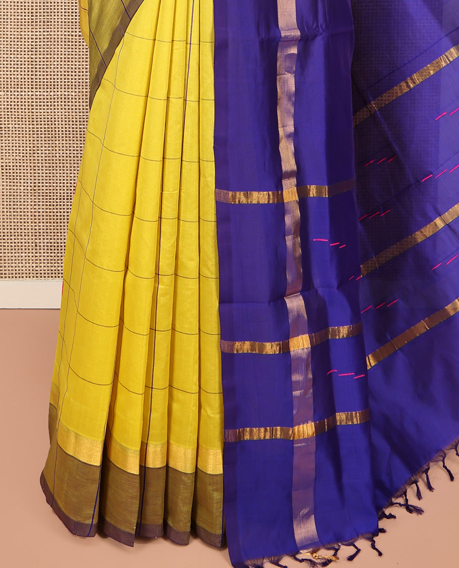 Yellow Poly Cotton Saree, Delicately Woven with Butta Enclosed Checks, Contrast Border, Complemented by Contrast Striped Pallu, and Paired with a Contrast Blouse
