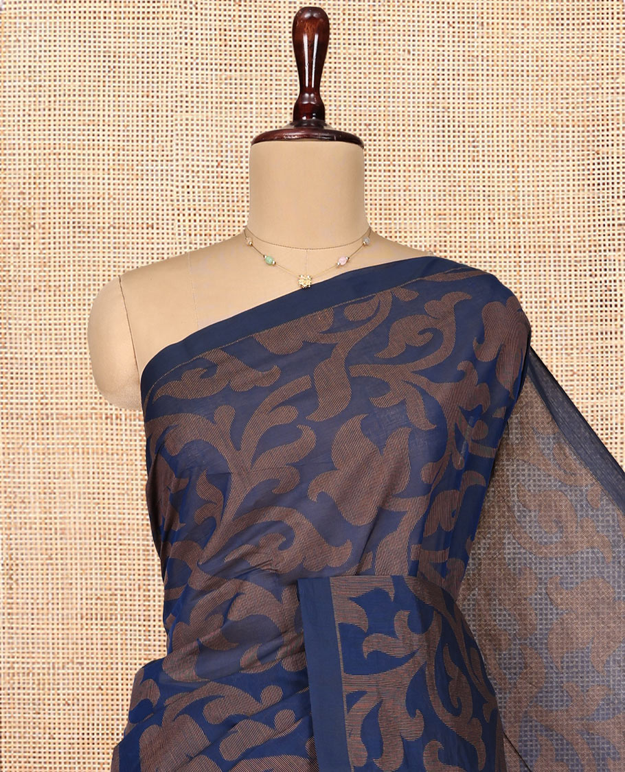 Navy Blue Coimbatore Cotton Saree, Beautified with Floral Vine on Its Body, a Subtle Plain Border, Pallu of Paisleys, and Paired with Matching Blouse