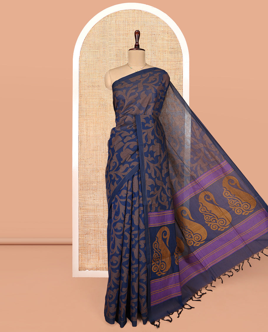 Navy Blue Coimbatore Cotton Saree, Beautified with Floral Vine on Its Body, a Subtle Plain Border, Pallu of Paisleys, and Paired with Matching Blouse