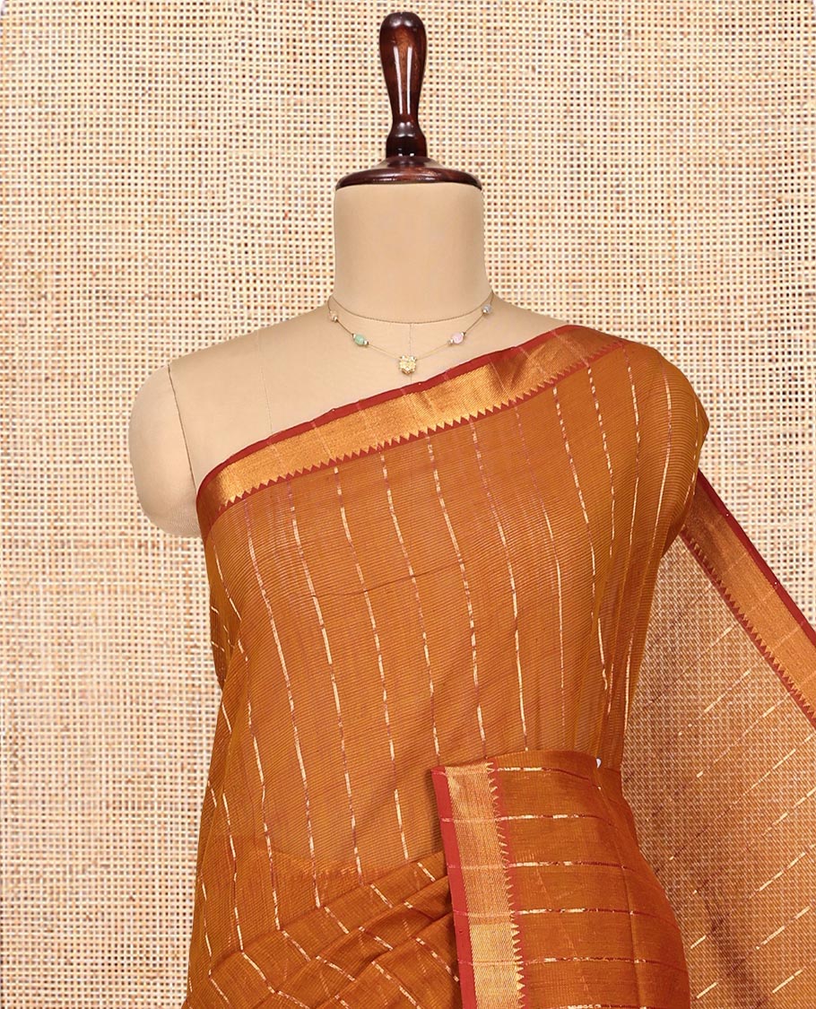 Mustard Mangalgiri Cotton Saree, Gleamed Up with Stripes on Its Body, Complemented by Contrast Zari Temple Border, Zari-Striped Pallu, and Paired with a Matching Blouse