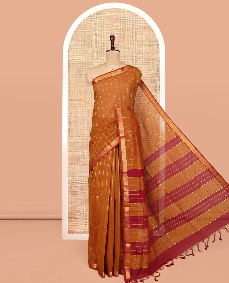 Mustard Mangalgiri Cotton Saree, Gleamed Up with Stripes on Its Body, Complemented by Contrast Zari Temple Border, Zari-Striped Pallu, and Paired with a Matching Blouse