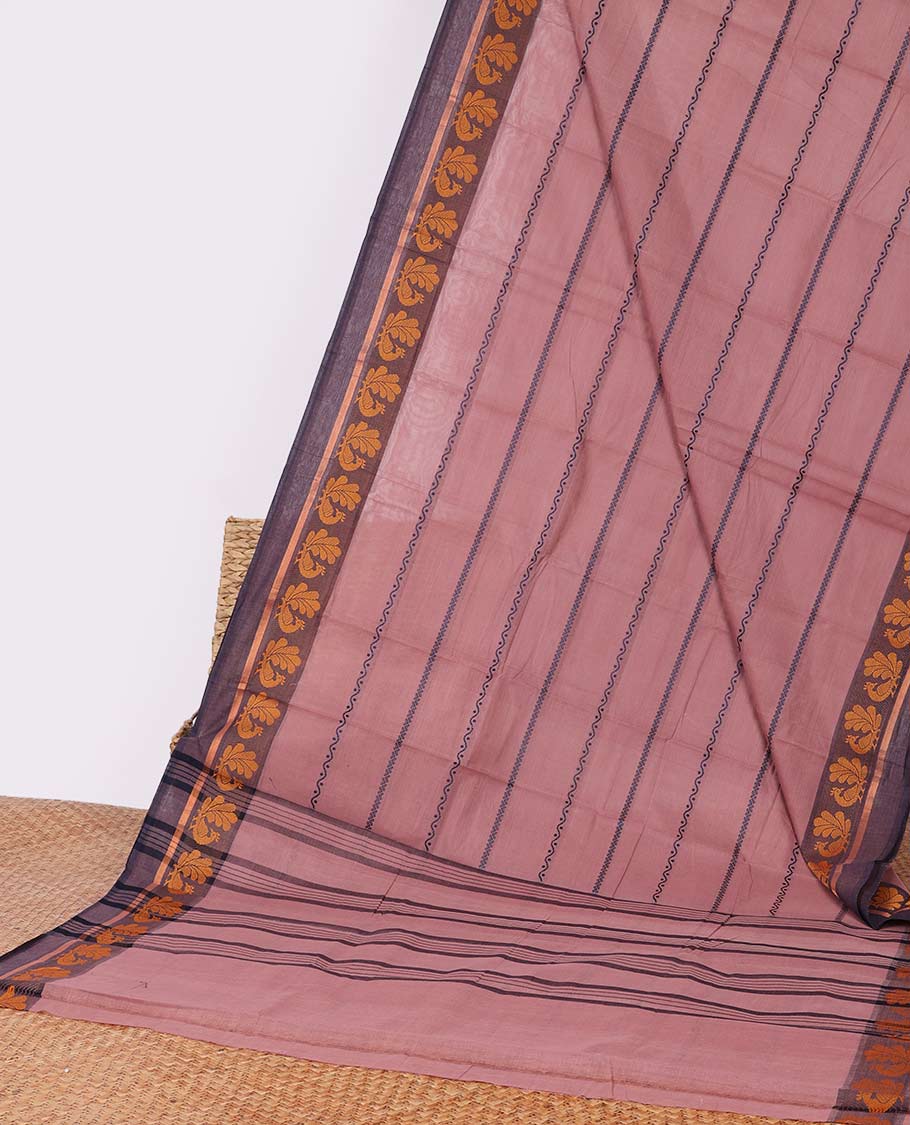Pink striped Chettinad cotton saree, contrast peacock design border & striped pallu