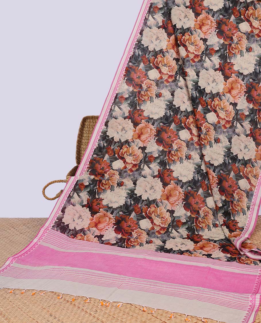 Multi-color floral vine design chirala cotton saree with contrast border & striped pallu