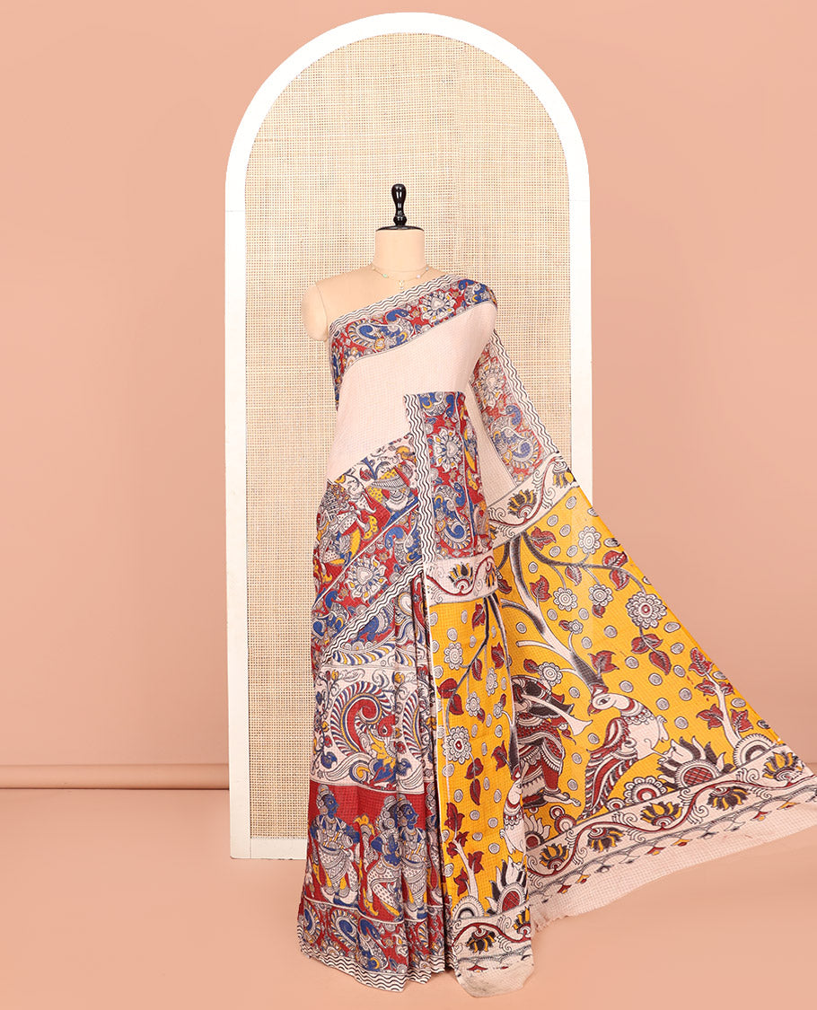 Sandal Kalamkari Cotton Saree Features Floral, Fauna, and Ancient Human Motifs Print, Contrast Printed Border, Peacock Pallu, and a Contrast Blouse