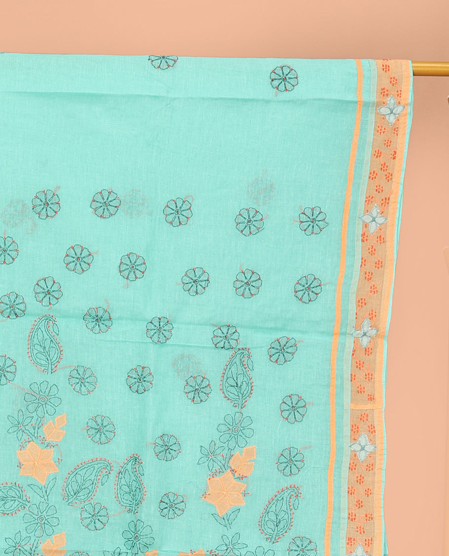Turquoise Lucknowi Chikankari Saree