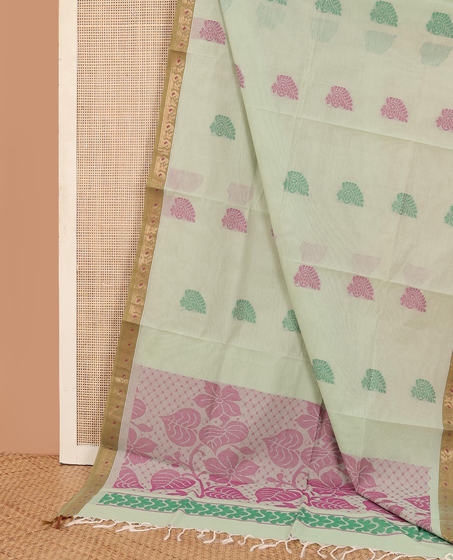 Pale green buttas Kanchi cotton saree, contrast paisley border, and floral design pallu