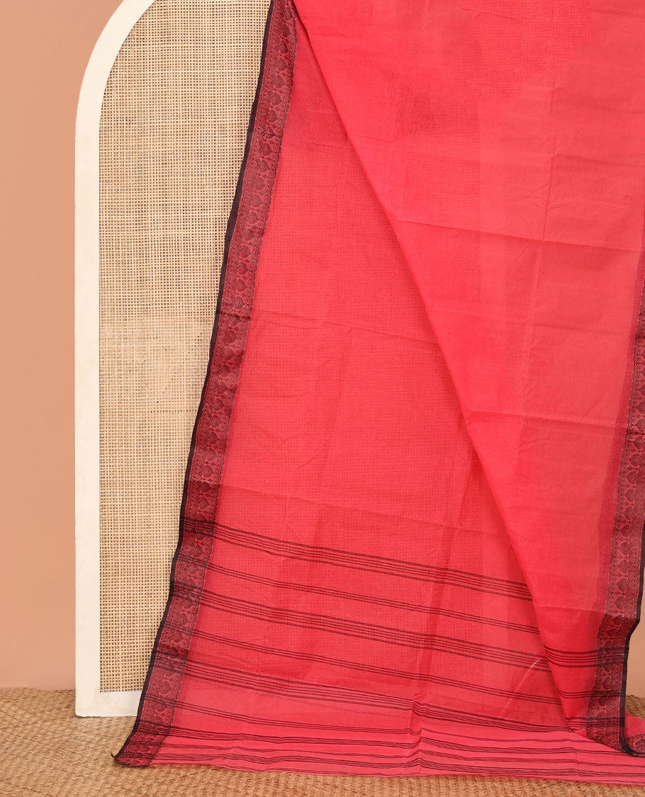 Red Plain Bengal Cotton Saree, Traditional Border, Striped Pallu, and No Blouse