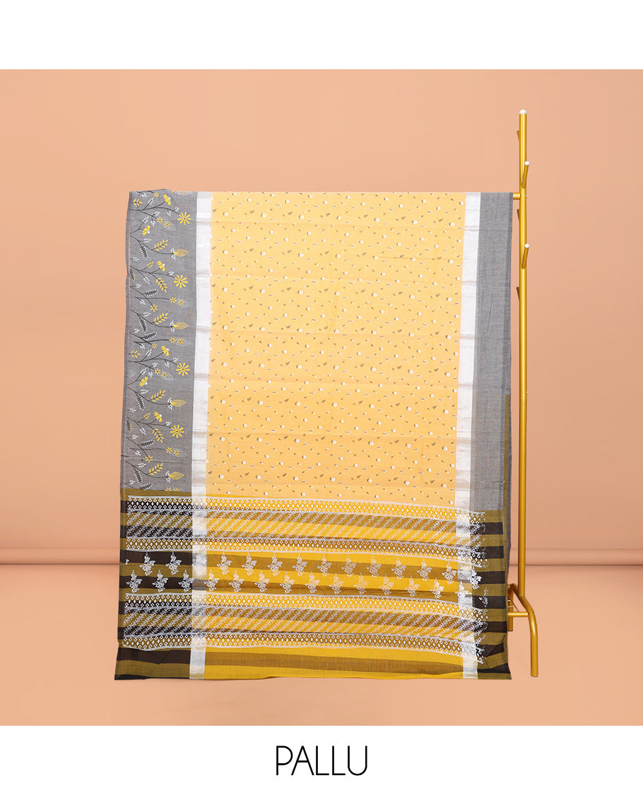 Yellow Chirala Cotton Saree, Steeped with Buttas, a Contrast Floral Border, Printed Pallu, and a Contrast Blouse