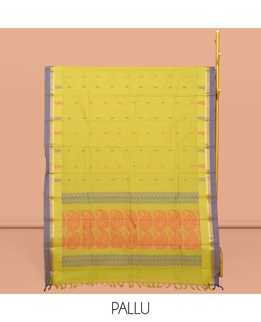 Green Kanchi Cotton Saree, Bedecked with Buttas All Over Its Body, Complemented by a Contrast Border, Pallu of Paisley Design, and Paired with a Matching Blouse