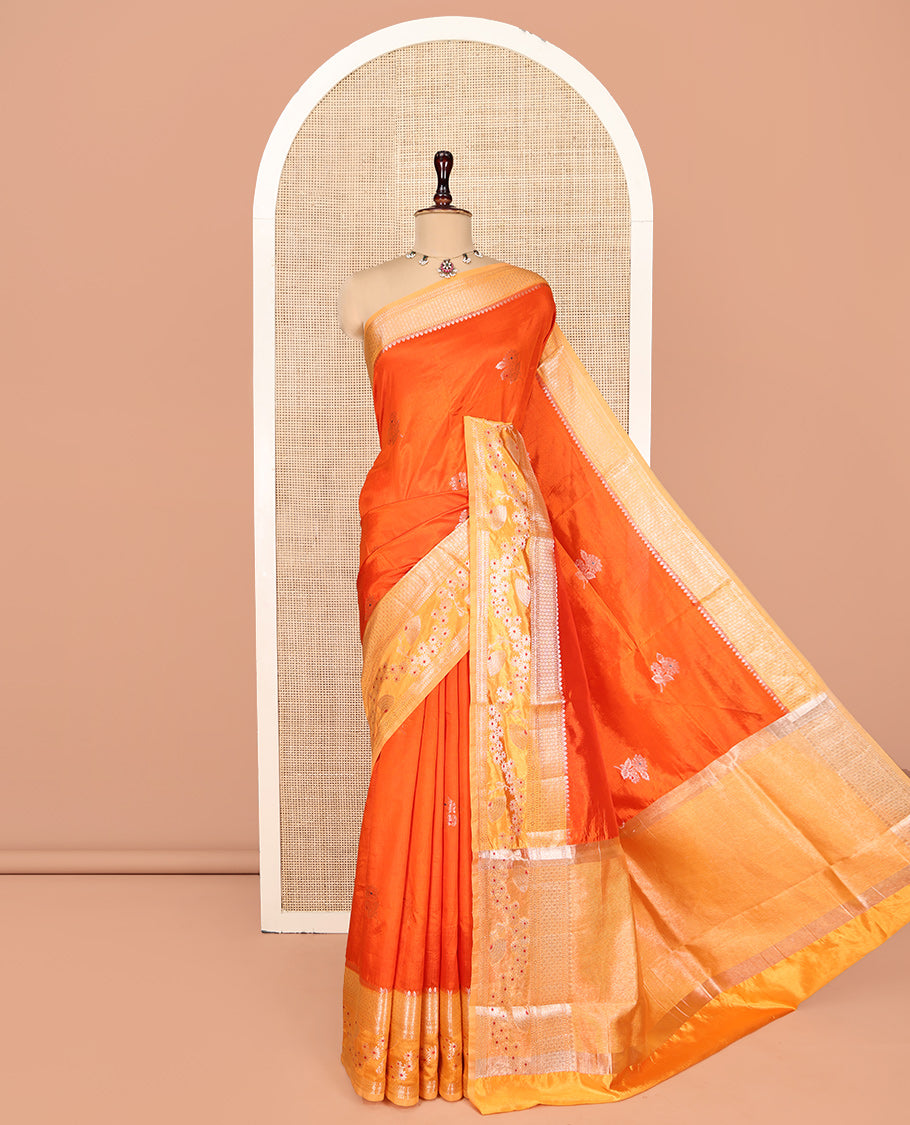 Orange Green-Mango-Silk Saree, Enriched with Floral Zari Buttas All Over Its Body, Complemented by a Contrast Meenakari Zari Traditional Border of Floral Designs, Grand Pallu, and Paired with a Contrast Blouse