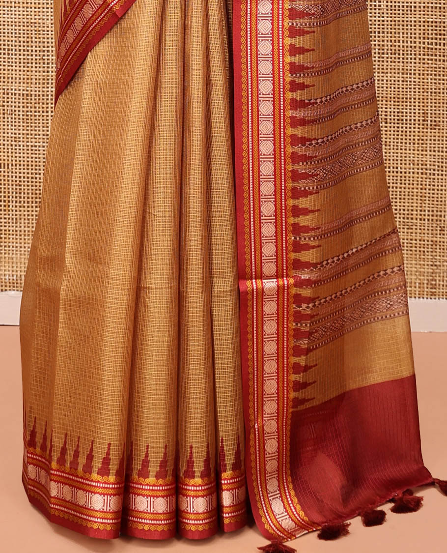 Mustard Kota Saree, Contrast Temple Thread Traditional Border, and a Contrast Blouse