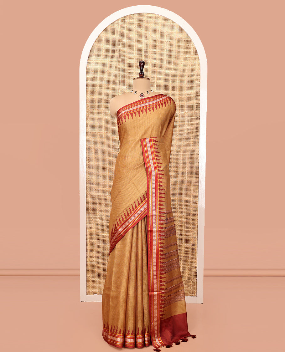 Mustard Kota Saree, Contrast Temple Thread Traditional Border, and a Contrast Blouse