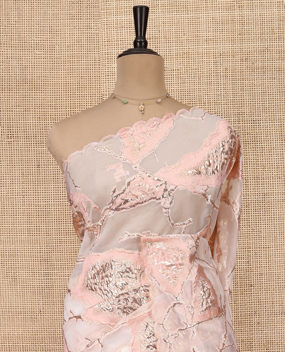 Peach Turkey Organza Saree Features Geometric Glitterwork, Scallop Beadwork Border, Embroidered Blouse