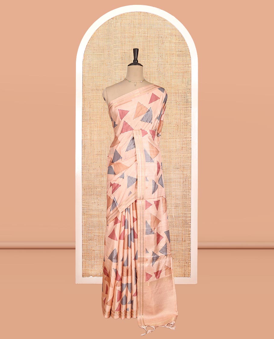 Peach Fancy Tussar Silk Saree Features Triangle Motifs, Zari Border, Striped Pallu, Matching Blouse
