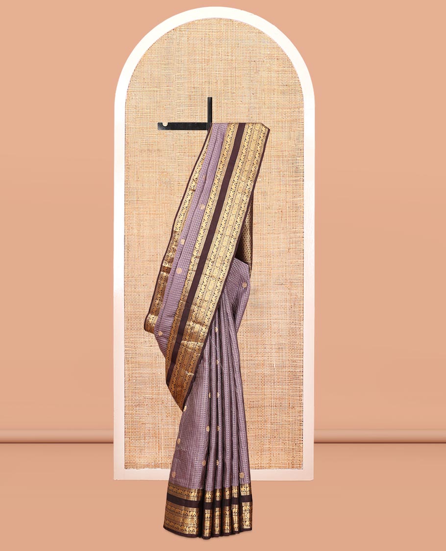 Lavender Grey Checked Vasundhara Lite Silkmix Saree, Contrast Elephant Border, Jaal Pallu, and Contrast Blouse