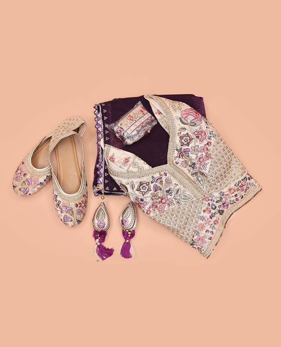 Violet Plain Designer Saree with Temple Lace Border, a Readymade Blouse, a Contrast Embroidered Belt, and a Pair of Free Embroidered Punjabi Shoes