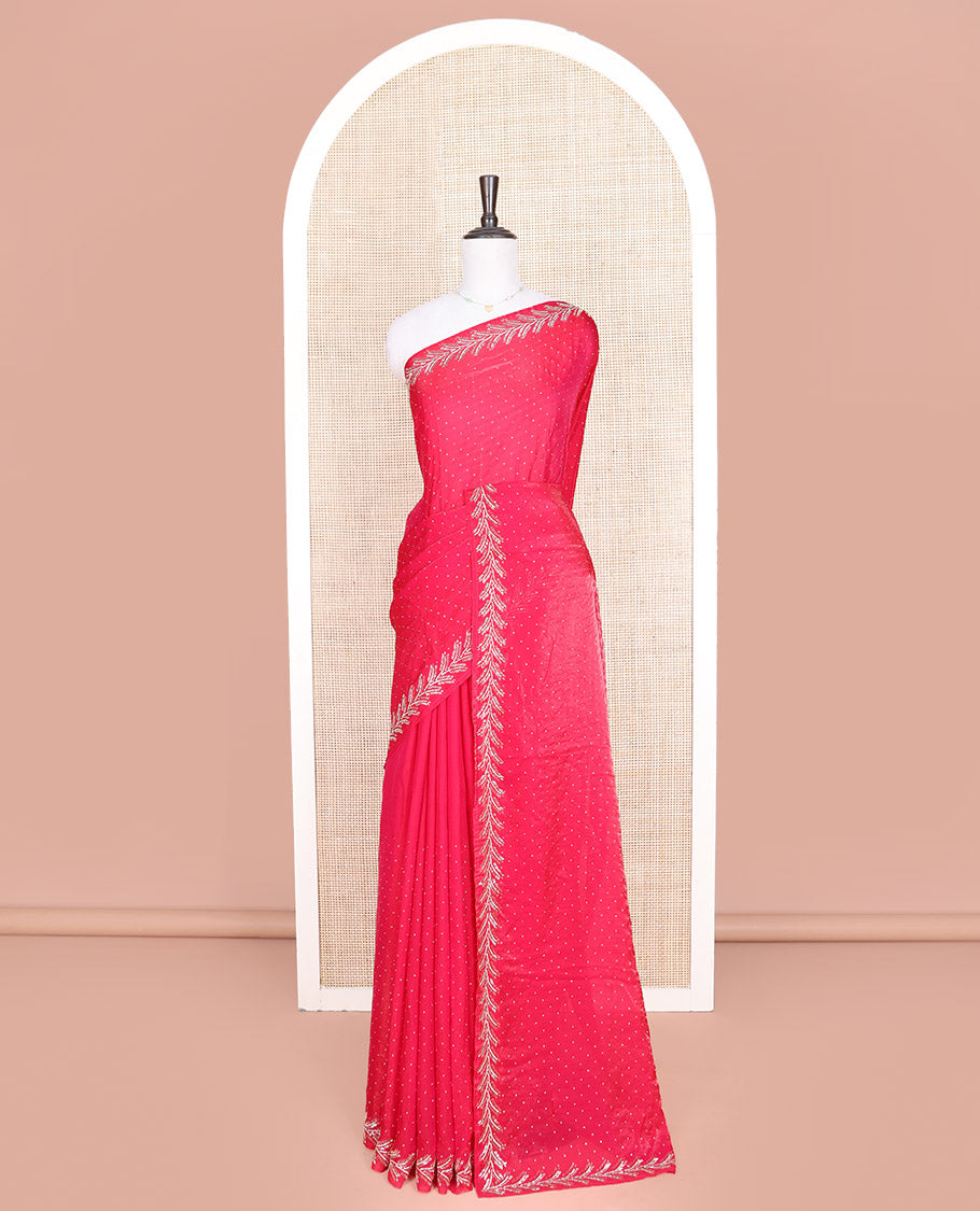 Pink Designer Saree, Spotlighted with Stone Work Across Its Body, Highlighted by a Scallop Stone Embroidered Border, a Self Pallu, and Paired with a Matching Stone Work Blouse