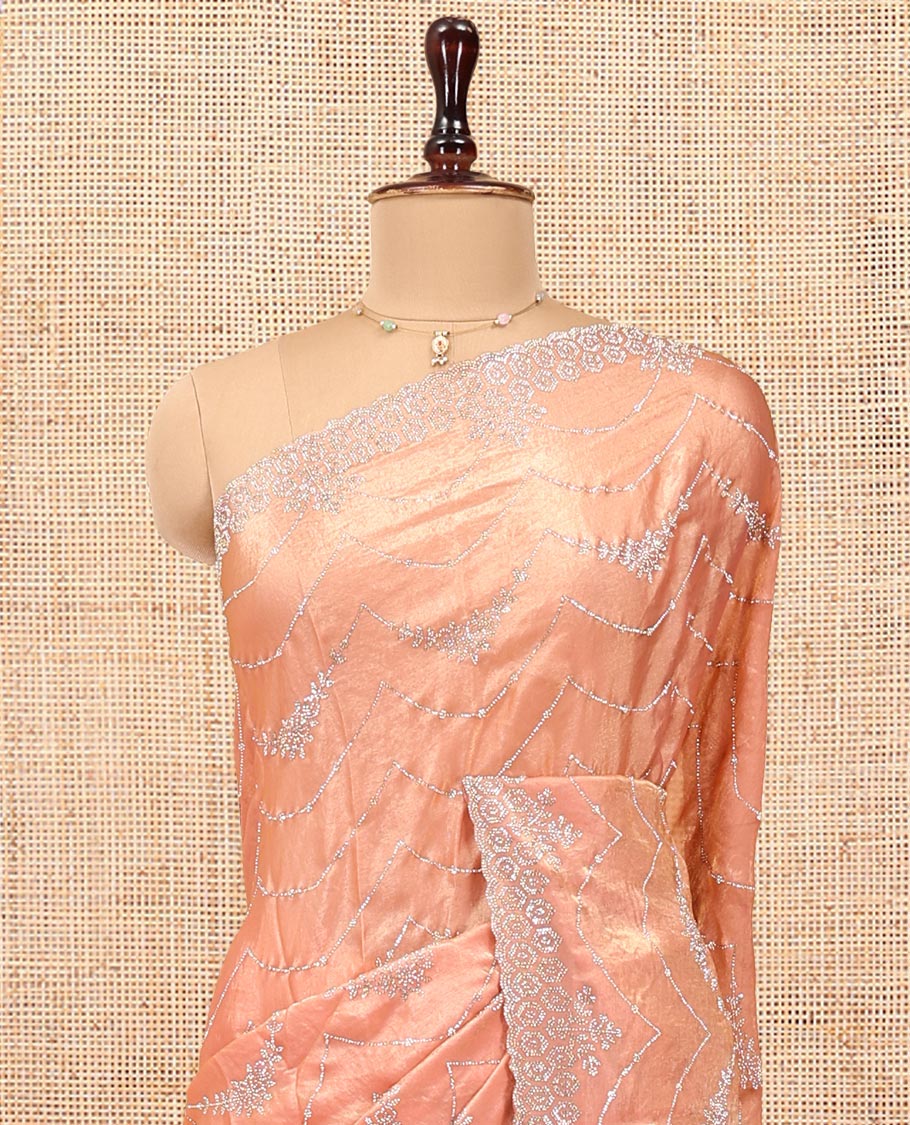 Peach Designer Saree, Meticulously Crafted with Stone Work All Over Its Body, Scallop Embroidered Border, Intricately Embroidered Pallu, and Paired with a Matching Blouse
