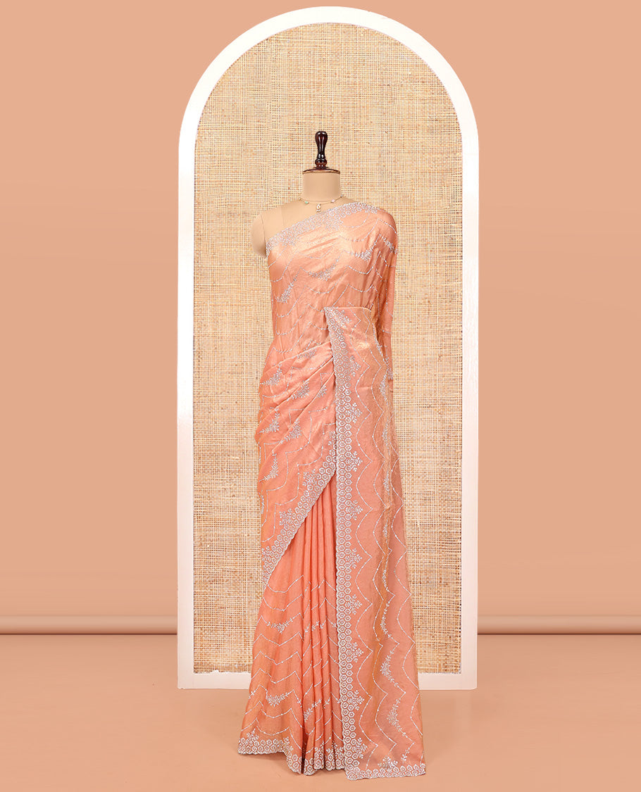 Peach Designer Saree, Meticulously Crafted with Stone Work All Over Its Body, Scallop Embroidered Border, Intricately Embroidered Pallu, and Paired with a Matching Blouse