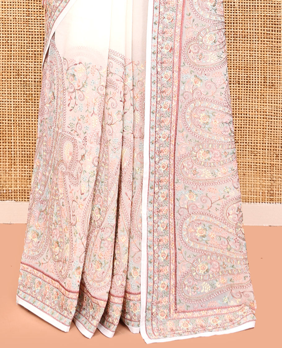 Off-white Designer Saree, Lightly Embellished with Floral-Paisley Embroidery, a Embroidered Border, and a Matching Blouse