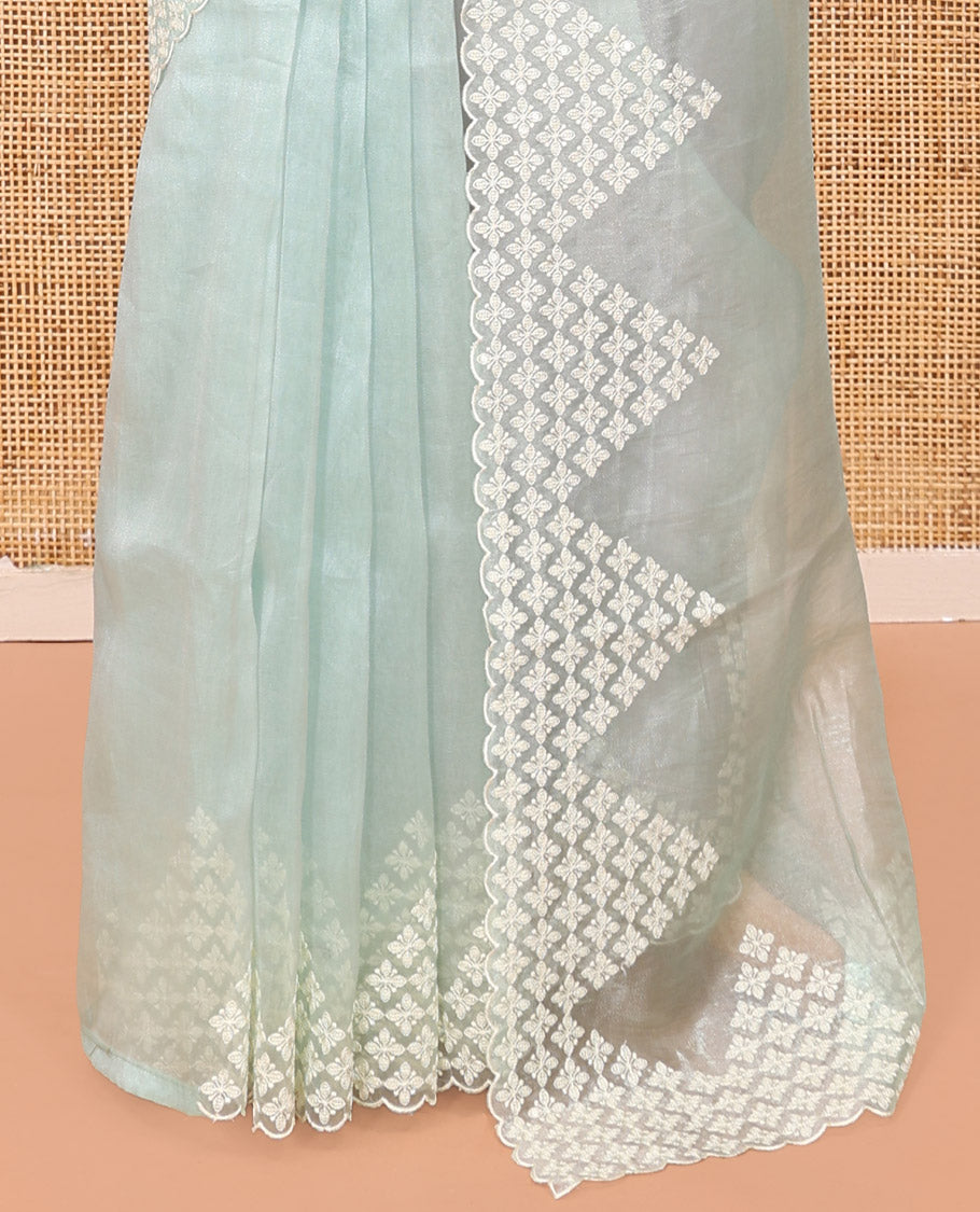 Pale Blue Plain Organza Saree, Highlighted by Scallop Embroidery Border, and Matching Blouse